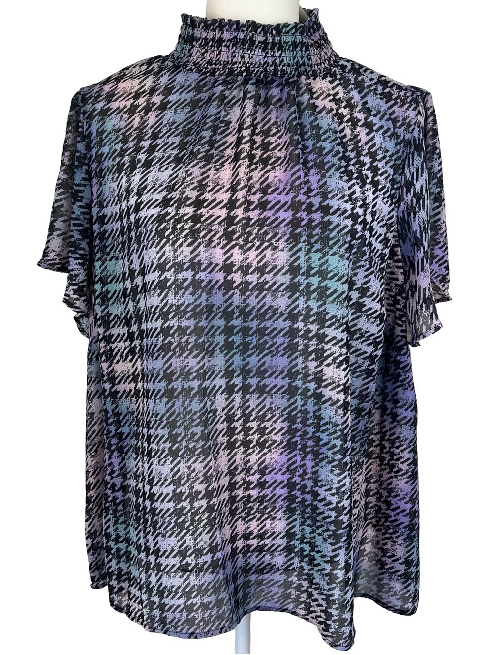 Torrid Womens Semi Sheer Houndstooth Top Mock Neck Flutter Sleeve Size 1-(14/16)